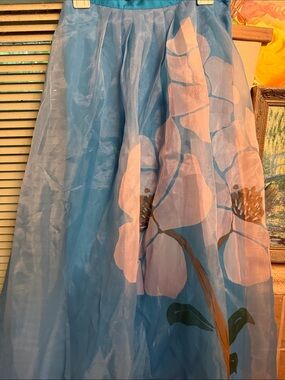 FARM Rio Blue Midi Skirt with Pink Floral Print